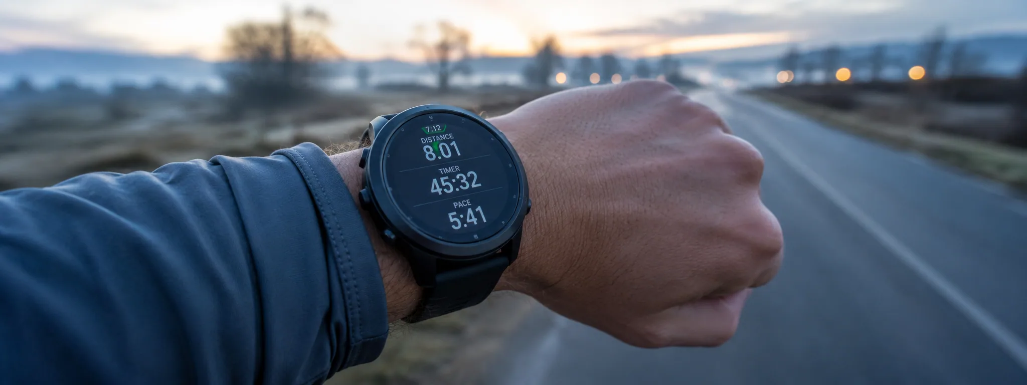 Runner's GPS watch showing distance, time, and pace